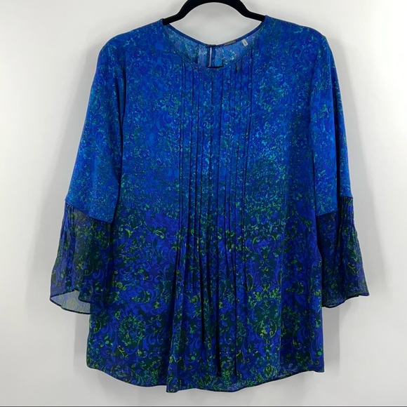Elie Tahari Orion Pleated Bell Sleeve Silk Blouse in Enchanted - Picture 3 of 8